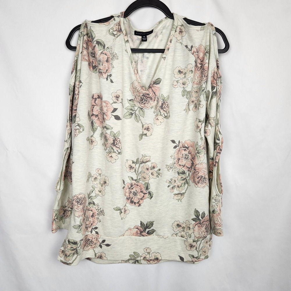 Signature‎ Studio Womens Gray Floral Long Sleeve Cold Shoulder Blouse Size M